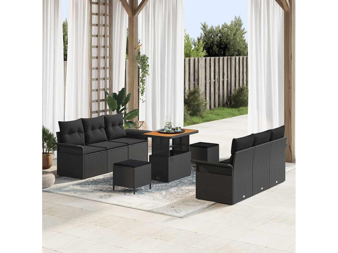 Vidaxl Conjunto De Sofá De Jardim Com Almofada 9 Pcs Preto