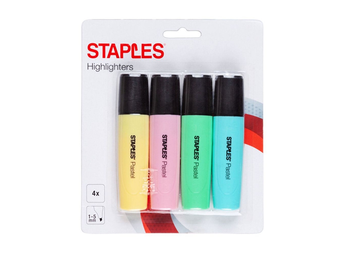 Marcadores Pastel STAPLES Ponta de Cinzel, 1-5 Mm, Várias Cores Pastel: Rosa, Azul, Verde, Amarelo, Embalagem de 4