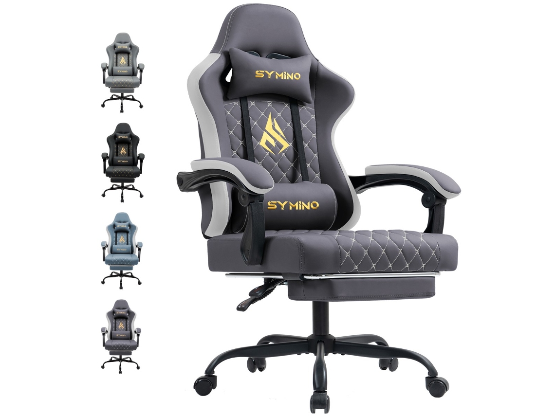 Cadeira Gamer Symino Racing – Ergonómica, Com Apoio Lombar, Apoio Para Os Pés, Pele Retro Pu, Capacidade De Peso Até 200 Kg, Cinzento Escuro