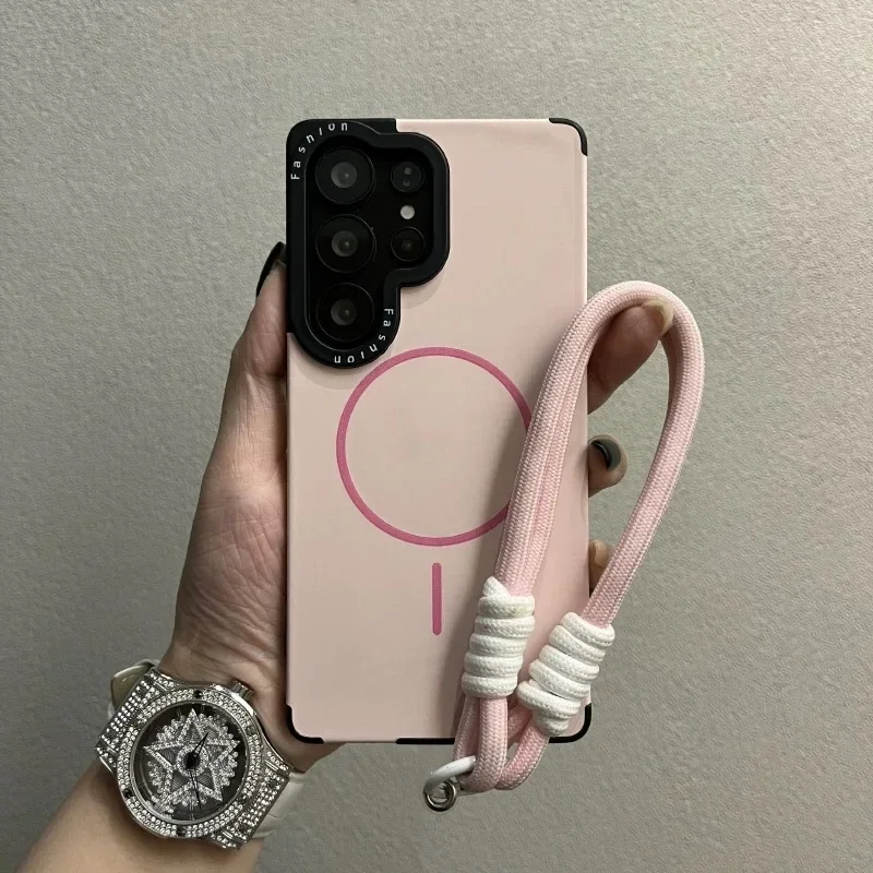 Capa Para Celular (samsung S22 Ultra Rosa) Com Cordão Magnético Fino E Borda Estampada.