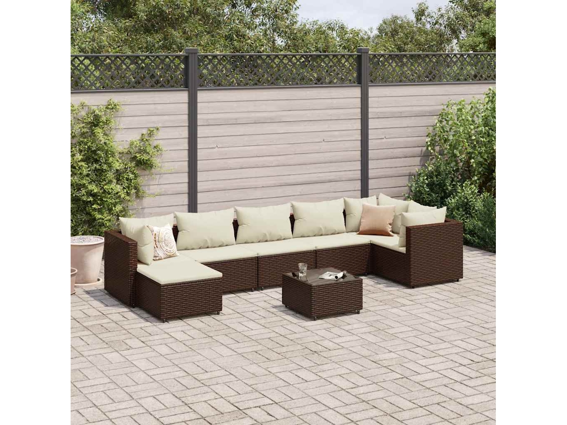 Vidaxl 8 Pcs Conjunto Lounge De Jardim C/ Almofadões Vime Pe Castanho