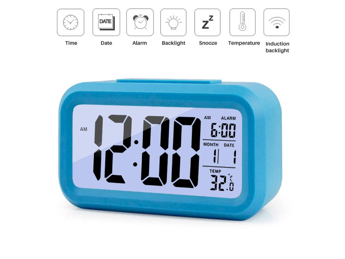 Relógio digital LED com alarme e termômetro em tecido.