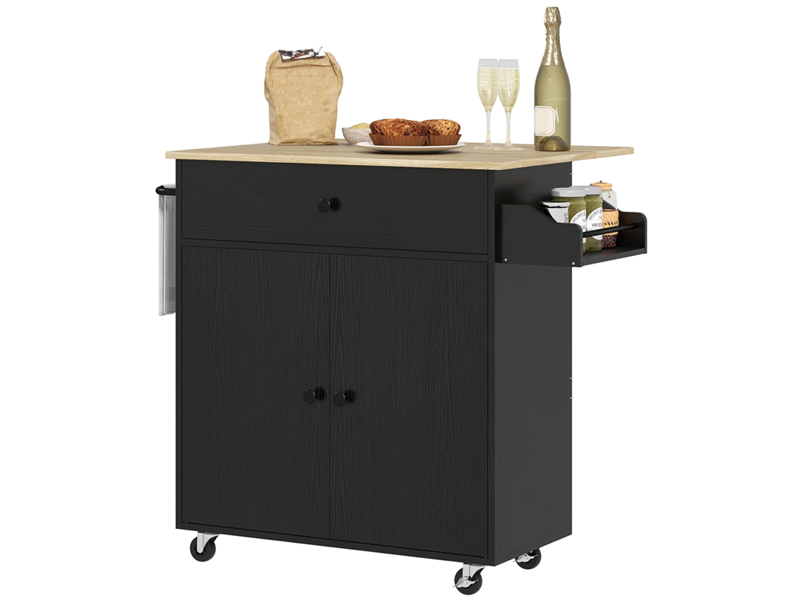 Isla De Cocina Con Ala Abatible 2 Puertas Cajón Especiero Toallero Y Estante Ajustable 106x42x87 Cm Negro Y Roble