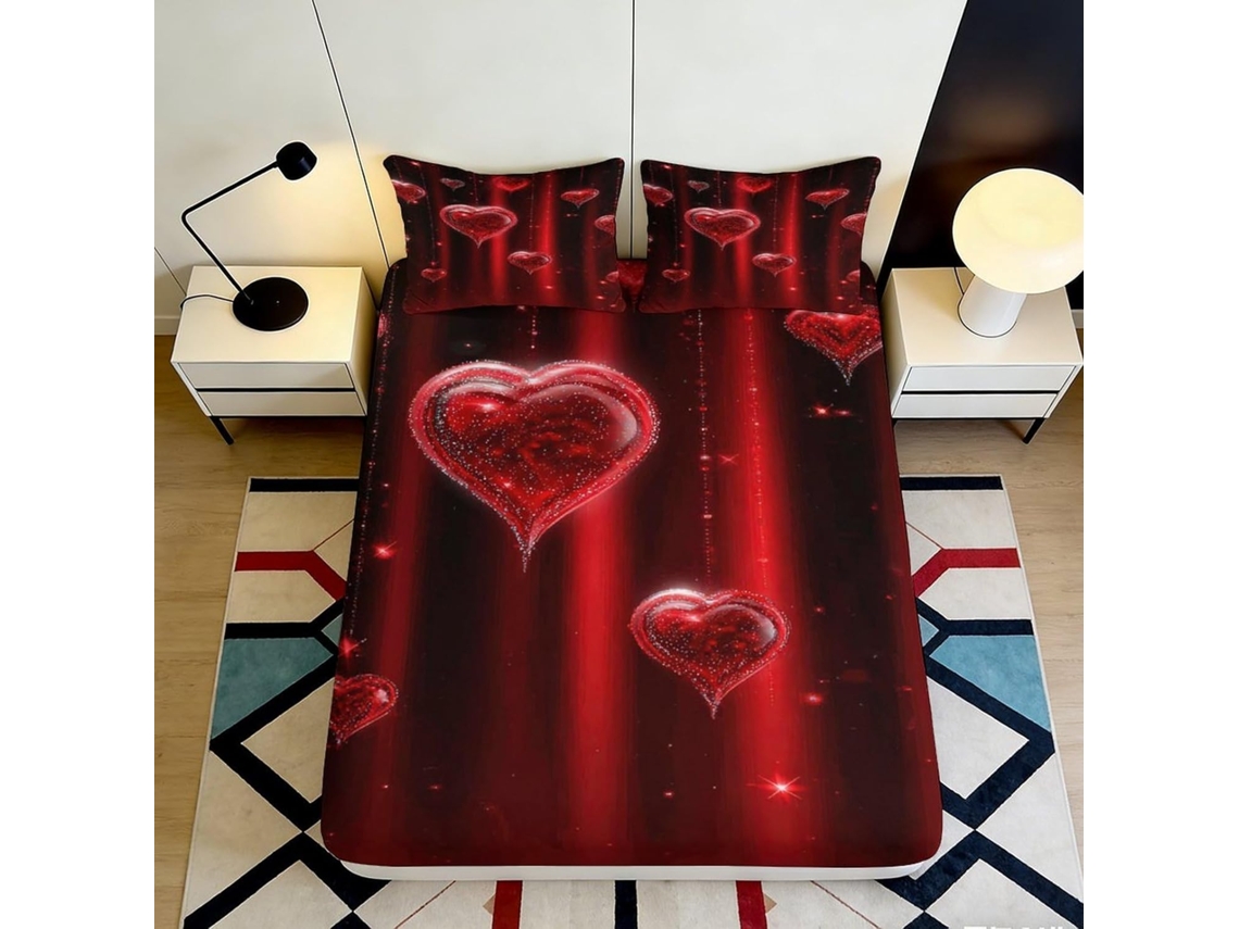 Conjunto de Cama Corações Verme Microfibra Fronha 200x25 Cm