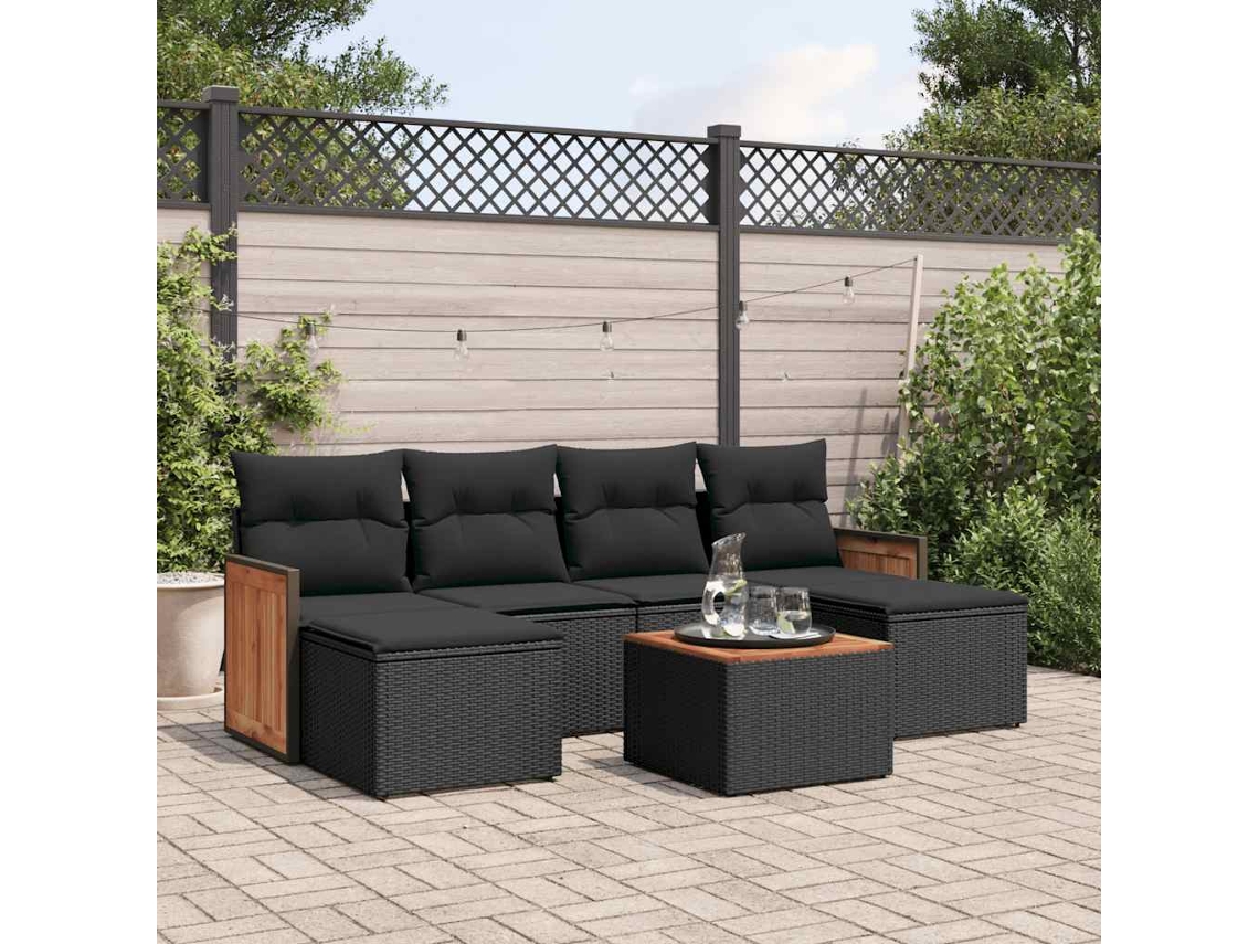 Vidaxl 7 Pcs Conjunto De Sofás P/ Jardim C/ Almofadões Vime Pe Preto