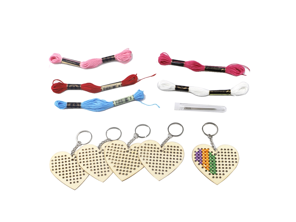 Kit de Artesanato Diy Coração de Madeira com Linha de Bordado e Chaveiro Ponto Cruz 5pcs | S/MARCA