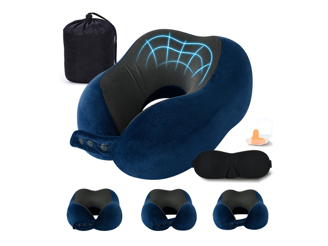 Lurelia Almofada Viagem, Espuma Viscoelástica, Apoio Pescoço, Ajustável, Dobrável, Capa Lavável, Máscara Olhos, Protetores Auriculares, Azul