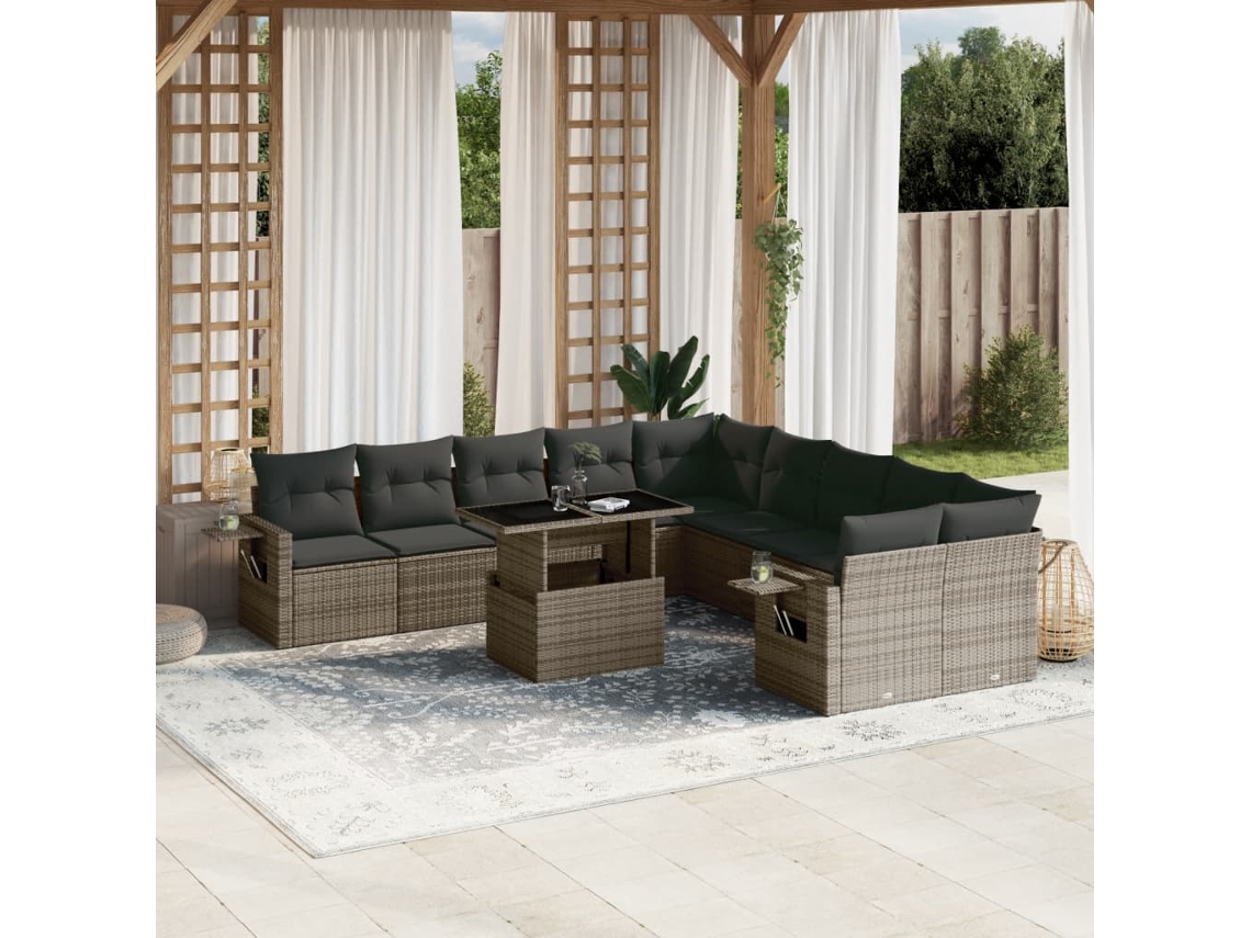 Jogo de Sofá Jardim 11 Peças C/ Almofadões Vime Pe Cinza Dkd Home Decor