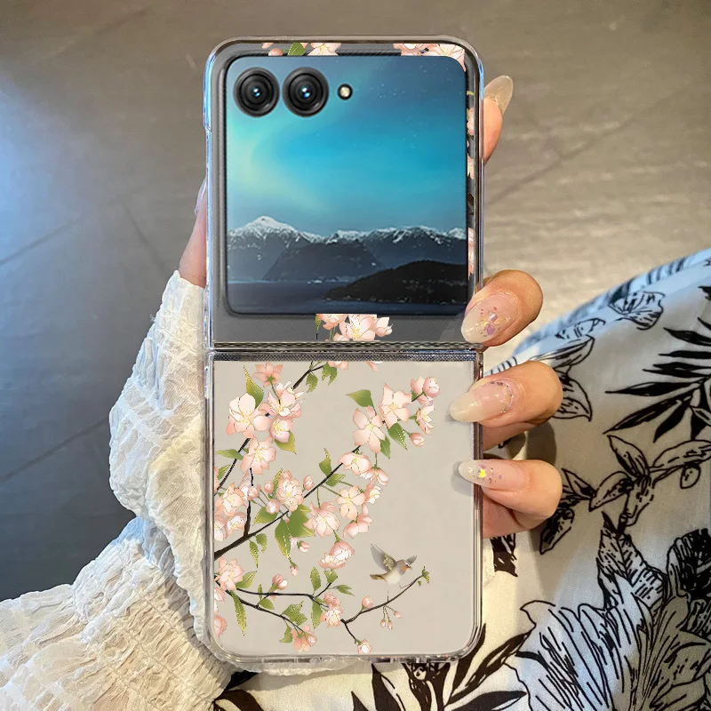 ((a683)razr 60 Ultra) Capa Dobrável Transparente Com Estampa Floral, Resistente A Impactos, Em Policarbonato Rígido.
