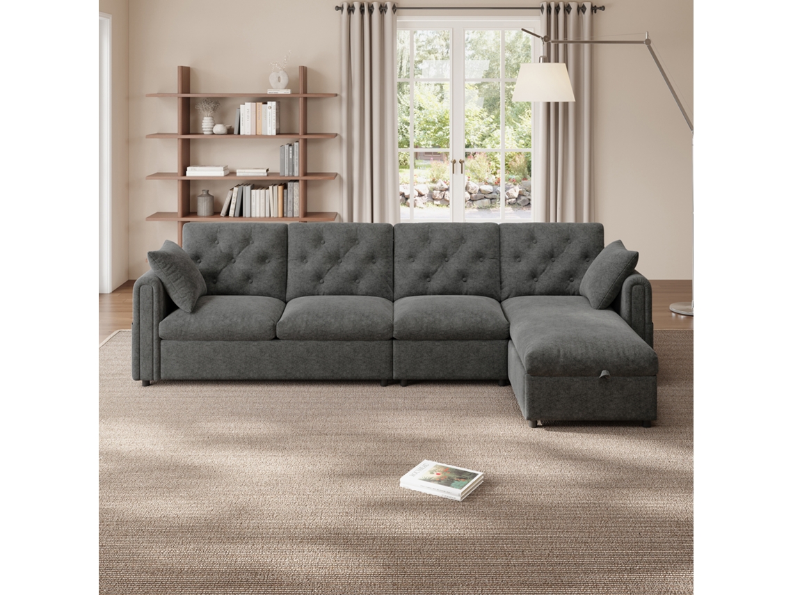 Sofá-cama Angular L Reversível Em Veludo, Com Armazenamento, Bolsos Para Revistas, Encosto Acolchoado, Sala Moderna, Cinza
