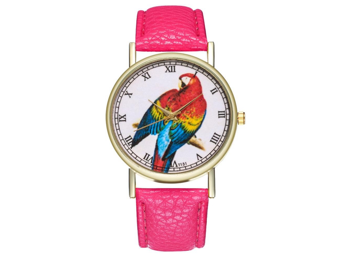 Relógio de pulso unissex Zhoulianfa com pulseira de couro sintético, nas cores vermelho e rosa.