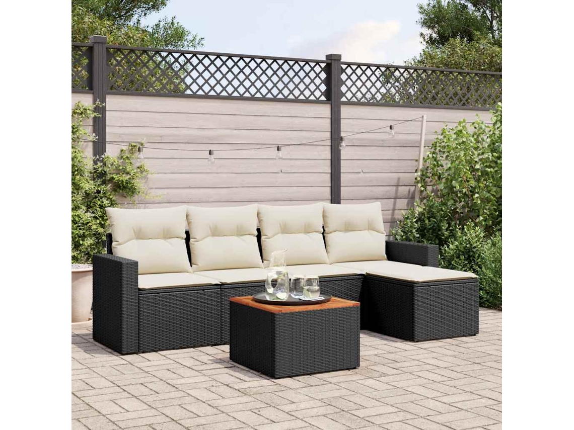 6 Pcs Conjunto Sofás De Jardim C/ Almofadões Vime Pe Preto Dkd Home Decor