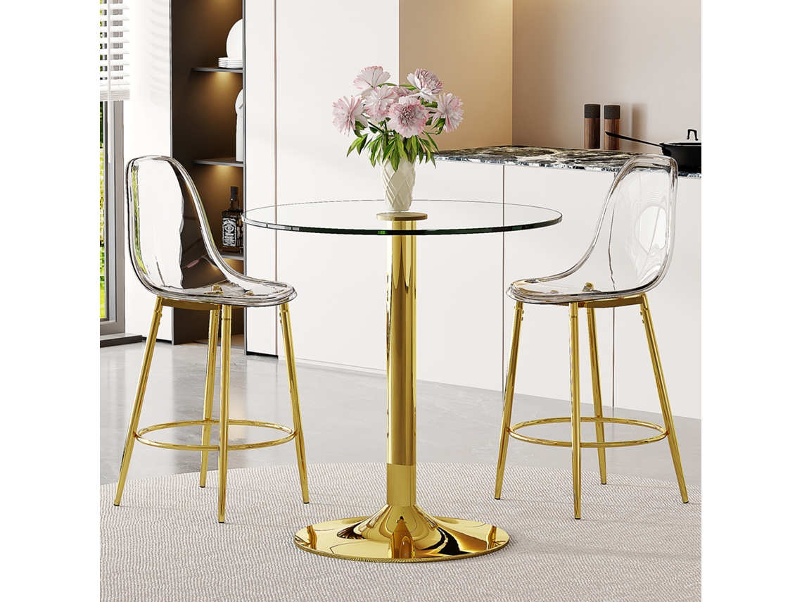 Conjunto Bar Mesa Vidro 89cm 2 Banquetas Transparentes Dourado
