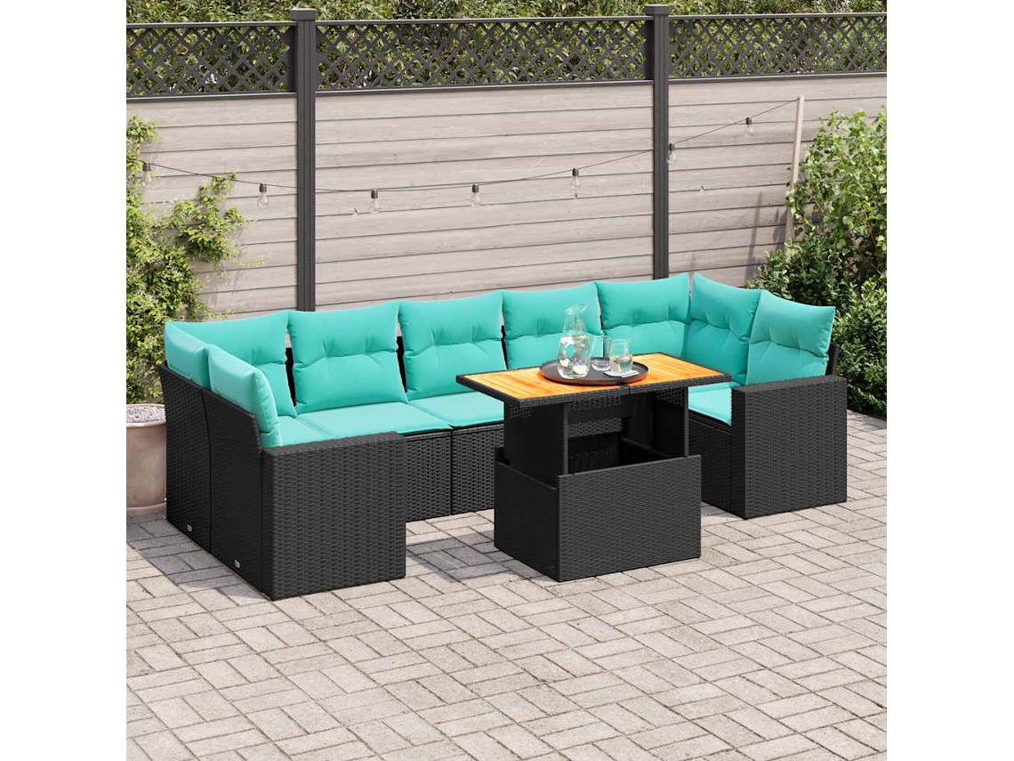 Vidaxl 8 Pcs Conjunto Sofás De Jardim Com Almofadões Vime Pe Preto