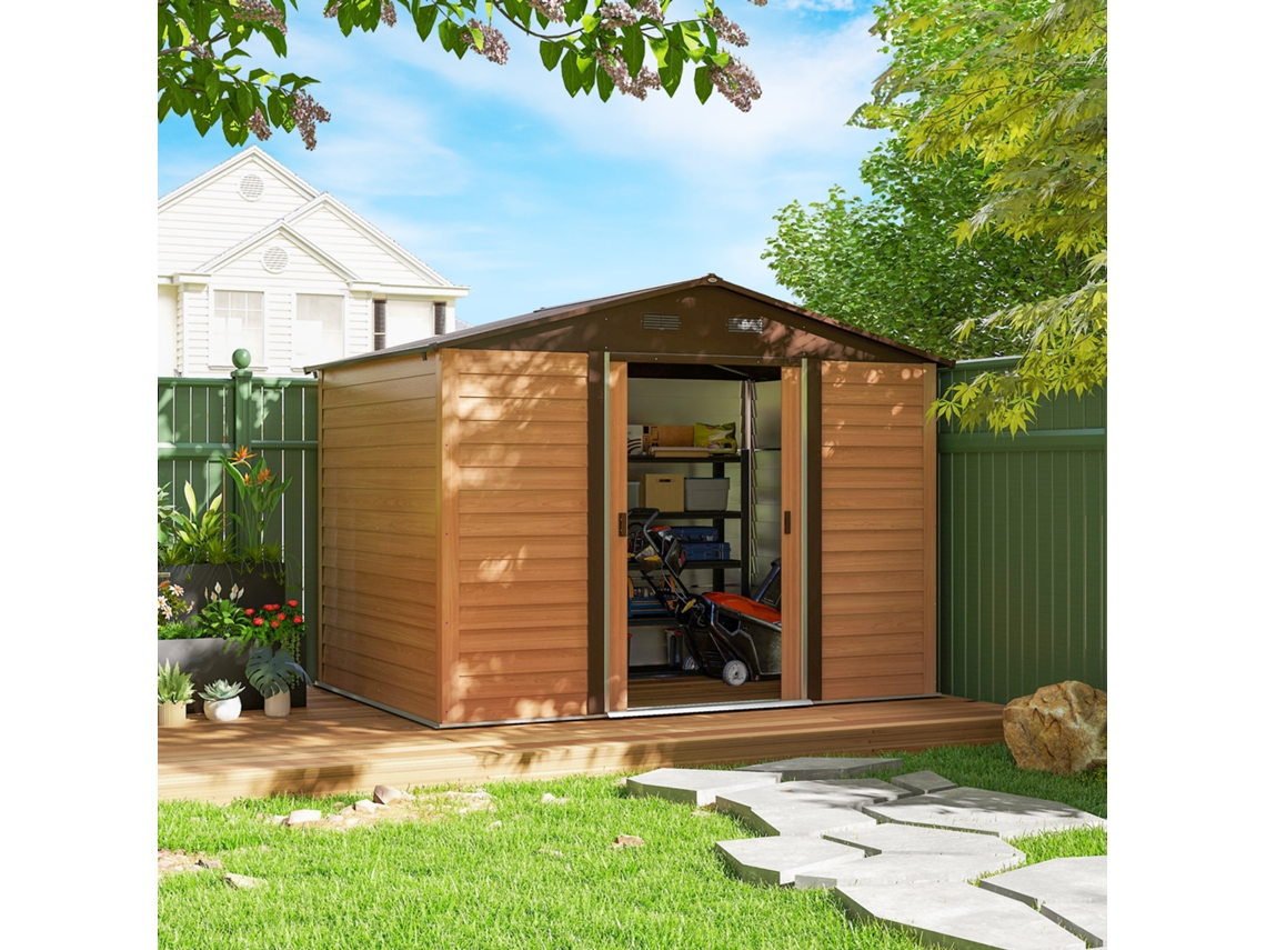 Abrigo De Jardim Exterior 4.84m² 278x195x215 Cm Metálico Com 2 Portas Correr E 4 Janelas Ventilação P/armazenamento Ferramentas Madeira