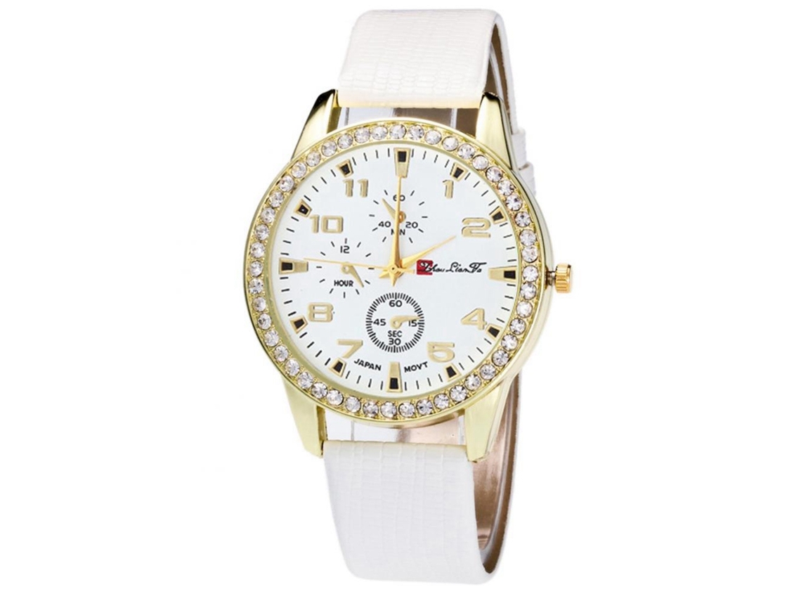 Relógio analógico de quartzo Zhoulianfa com pulseira ajustável em PU e strass (branco)