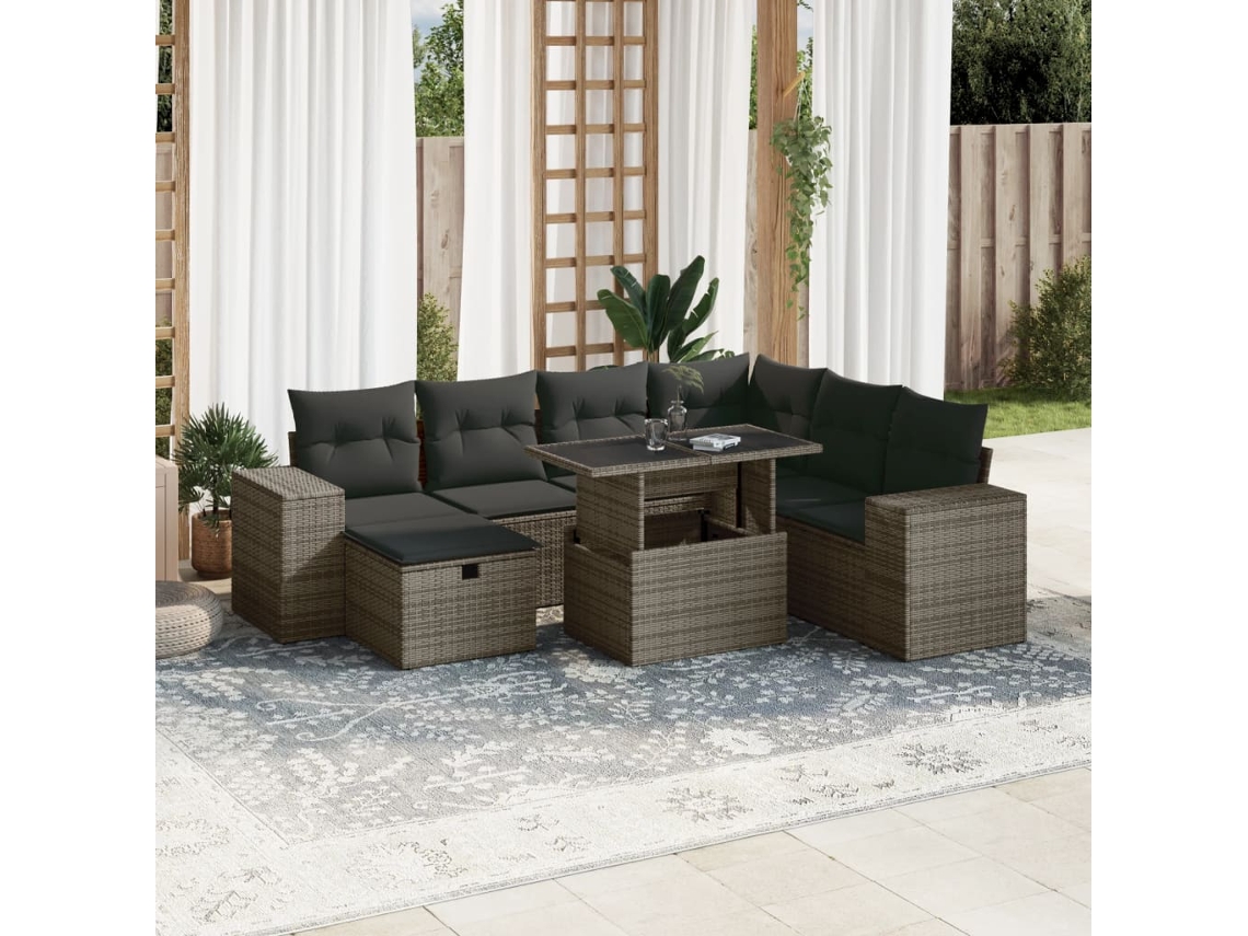 Vidaxl 8 Pcs Conjunto Sofás De Jardim C/ Almofadões Vime Pe Cinzento
