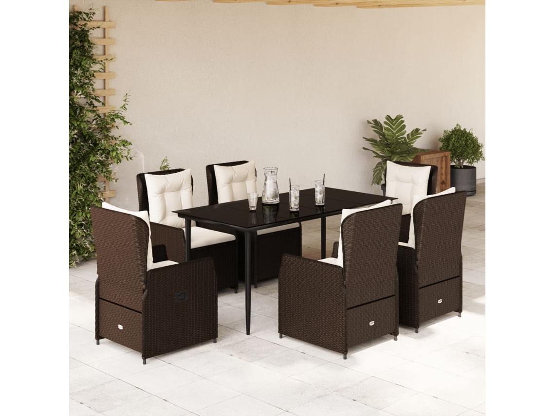Vidaxl 7 Pcs Conjunto Jantar P/ Jardim C/ Almofadões Vime Pe Castanho