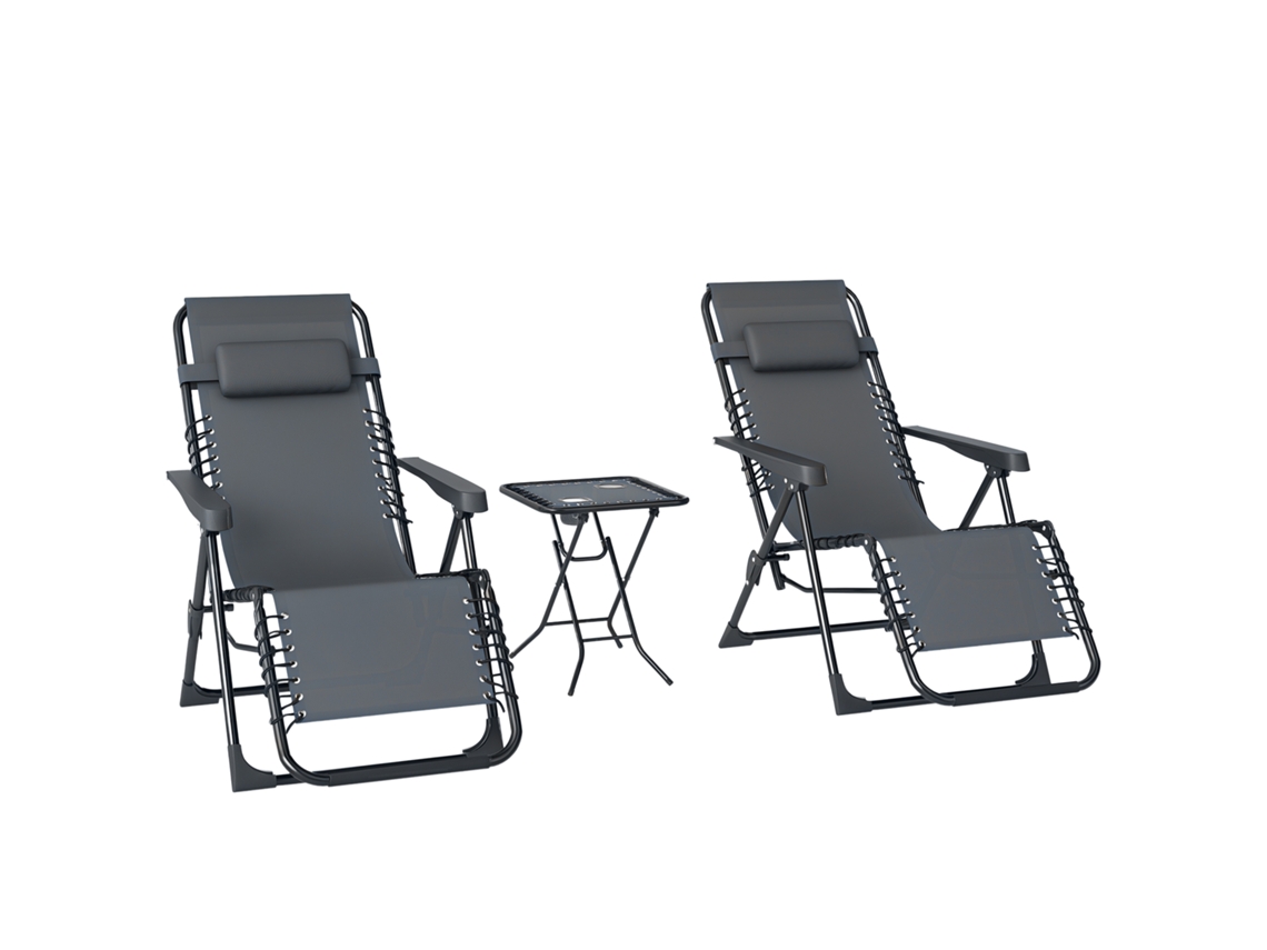 Conjunto de 2 espreguiçadeiras de gravidade zero com apoio de cabeça e mesa lateral com 2 suportes para flocos BTFORUS.