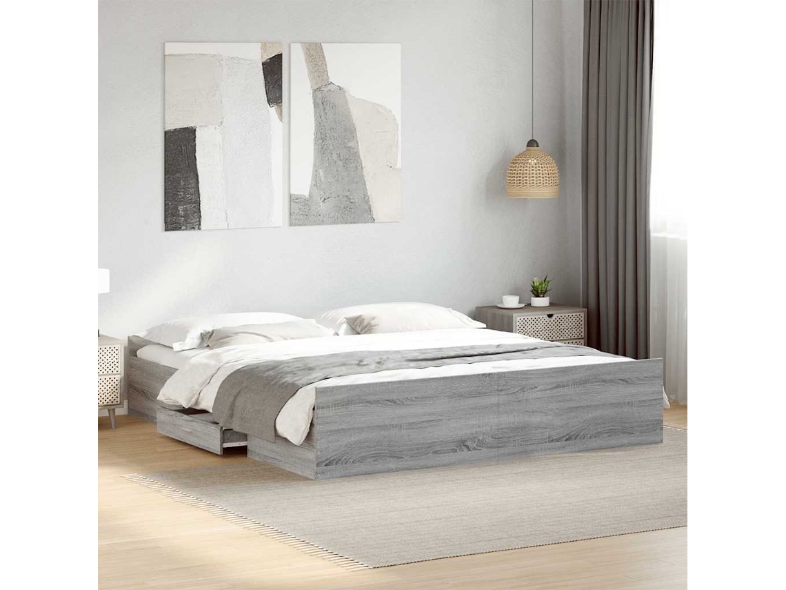Vidaxl Estrutura De Cama C/ Gavetas Derivados Madeira Cinza Sonoma