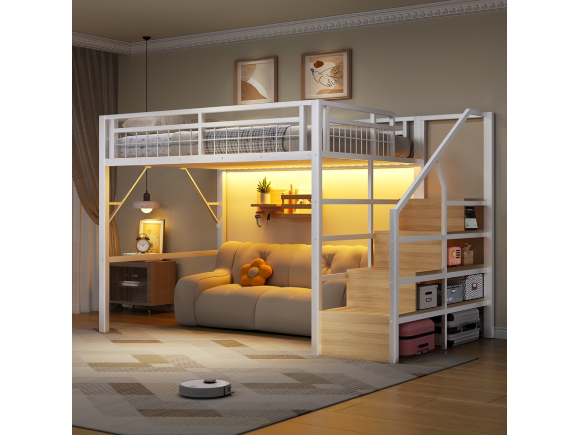 Cama Elevada 140x200cm Com Led Estante Metal Branco Sem Colchão