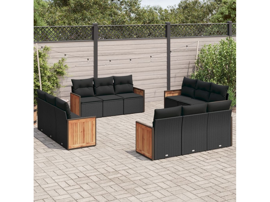 12 Pcs Conjunto De Sofá Jardim C/ Almofadões Vime Pe Preto Dkd Home Decor