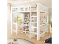 Hochbett 140x200cm Com Prateleiras, Escada, Mesa De Escritório 3 Gavetas Branco