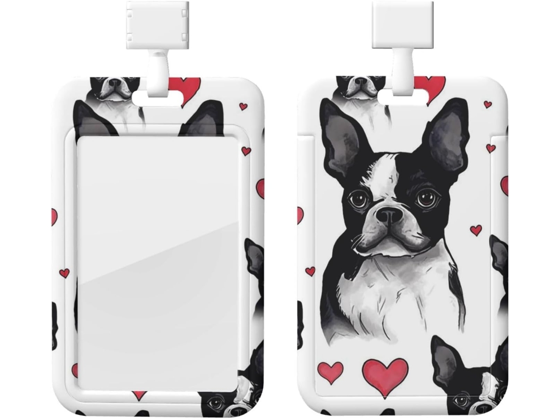 Porta Crachá Boston Terrier Com Coração Vermelho, Capa Protetora Vertical Com Cordão, Capa Plástica Impermeável