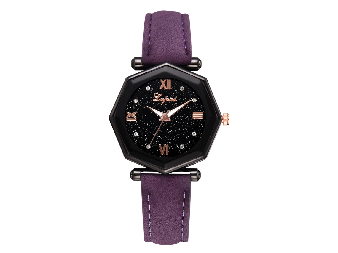 Relógio de Pulso Feminino de Quartzo com Correia de Couro Pu Roxo com Strass