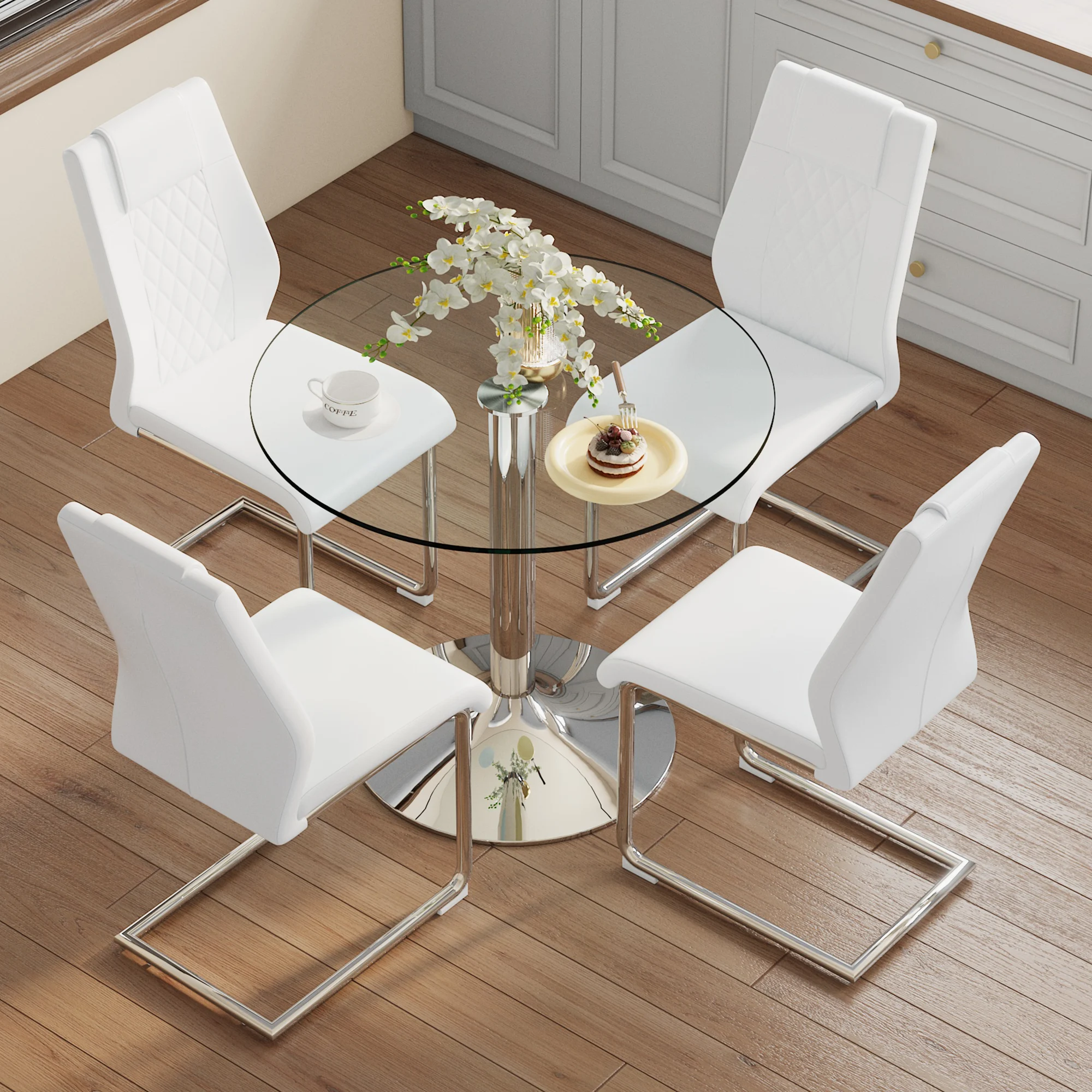Mesa de Jantar BGA STORE Moderna em Vidro de Segurança 85 Cm com 4 Cadeiras em PU Branco, Estrutura em Metal Prateado, Ideal para Cozinha e Sala