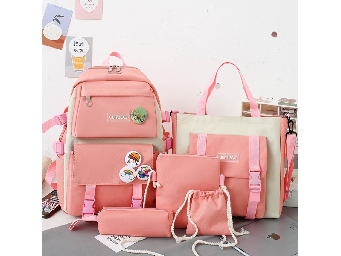 Mochila De Estudante Grande Capacidade Conjunto De Cinco Peças Rosa Conjunto De Cinco Peças