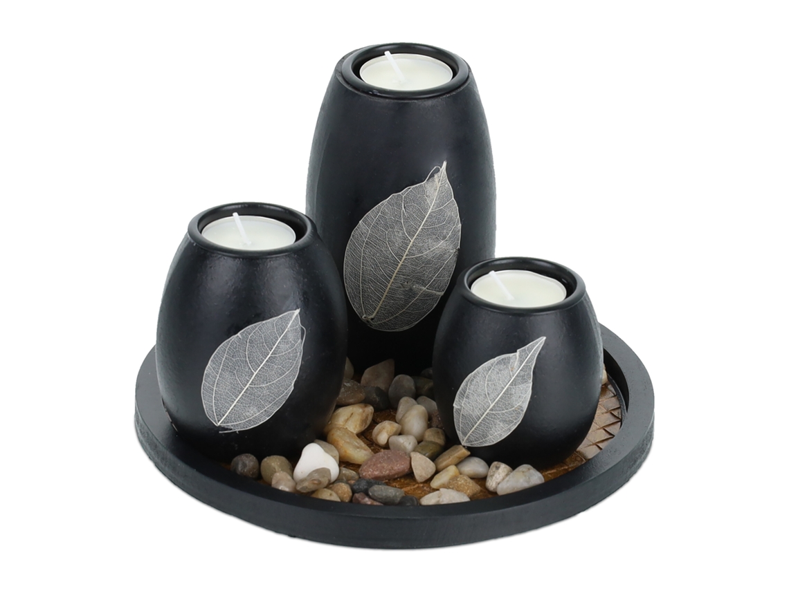 Conjunto De Porta-velas Relaxdays Com Tabuleiro, Ø 19,5 Cm, Decoração De Mesa, Preto/castanho