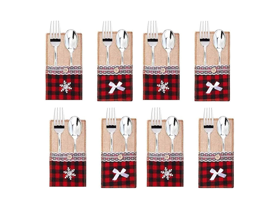 Conjunto de Faca e Garfo de Natal de 8 Peças Estilo Floco de Neve Xadrez Preto e Vermelho + Estilo Gravata Borboleta AURUM