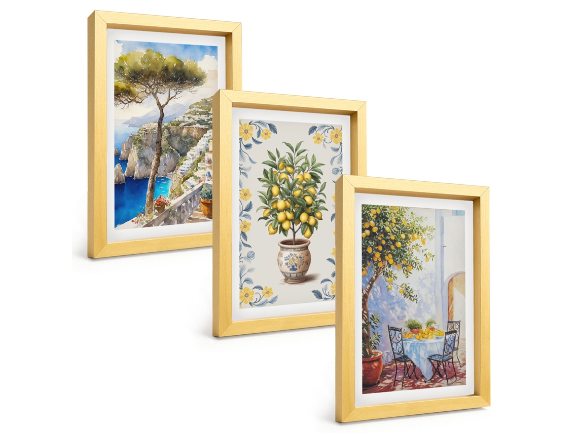 Conjunto De Pinturaspinturas De Limoeiros-do-mar Moldura Dourada Quadros Para A Sala De Estar Espelharte (3 Peças 20x30 Cm)