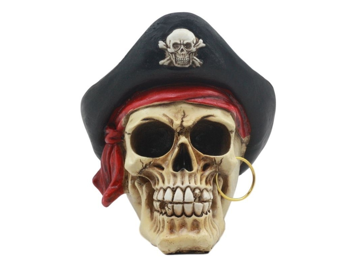 Estátua de Caveira de Capitão Pirata com Brinco Dourado e Bandana Vermelha
