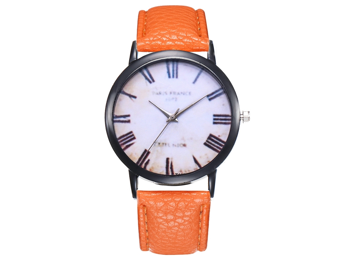 Relógio de quartzo unissex com pulseira de couro PU, mostrador redondo com numerais romanos, cor laranja.