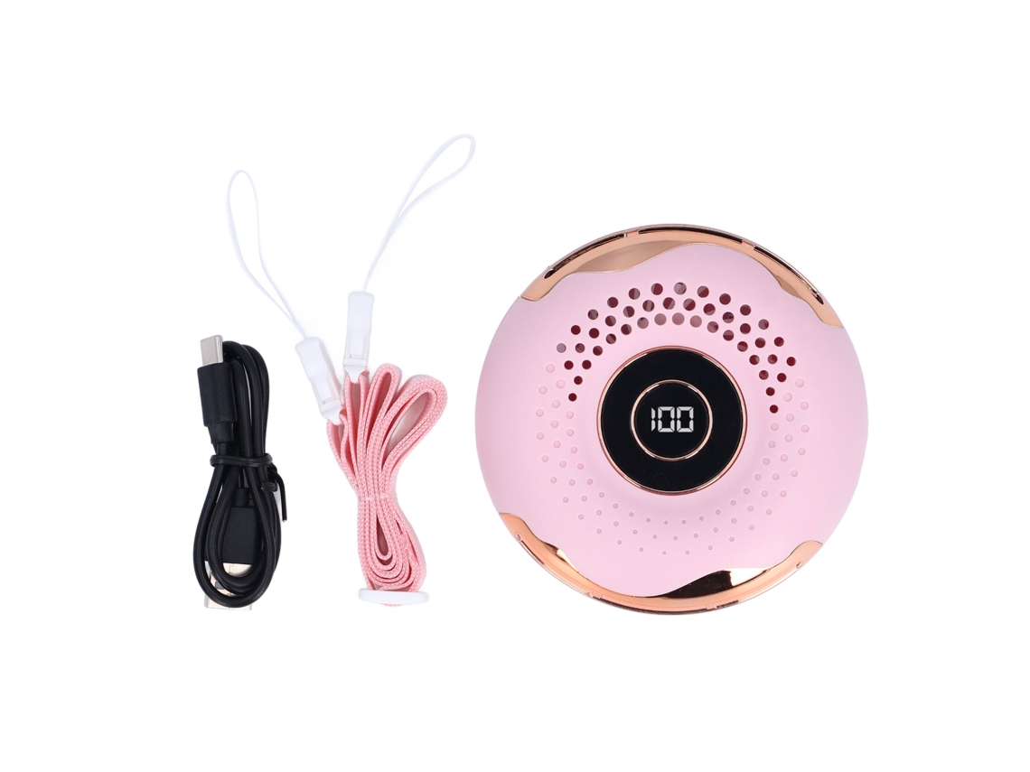 Ventilador portátil de pescoço ATS com clipe de cinto e chaveiro, recarregável, sem lâminas, LED rosa.