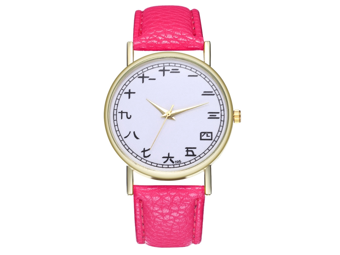 Reloj De Pulsera Para Mujer De Moda Con Correa De Cuero Pu Dial Redondo Cuarzo Rojo Rosa