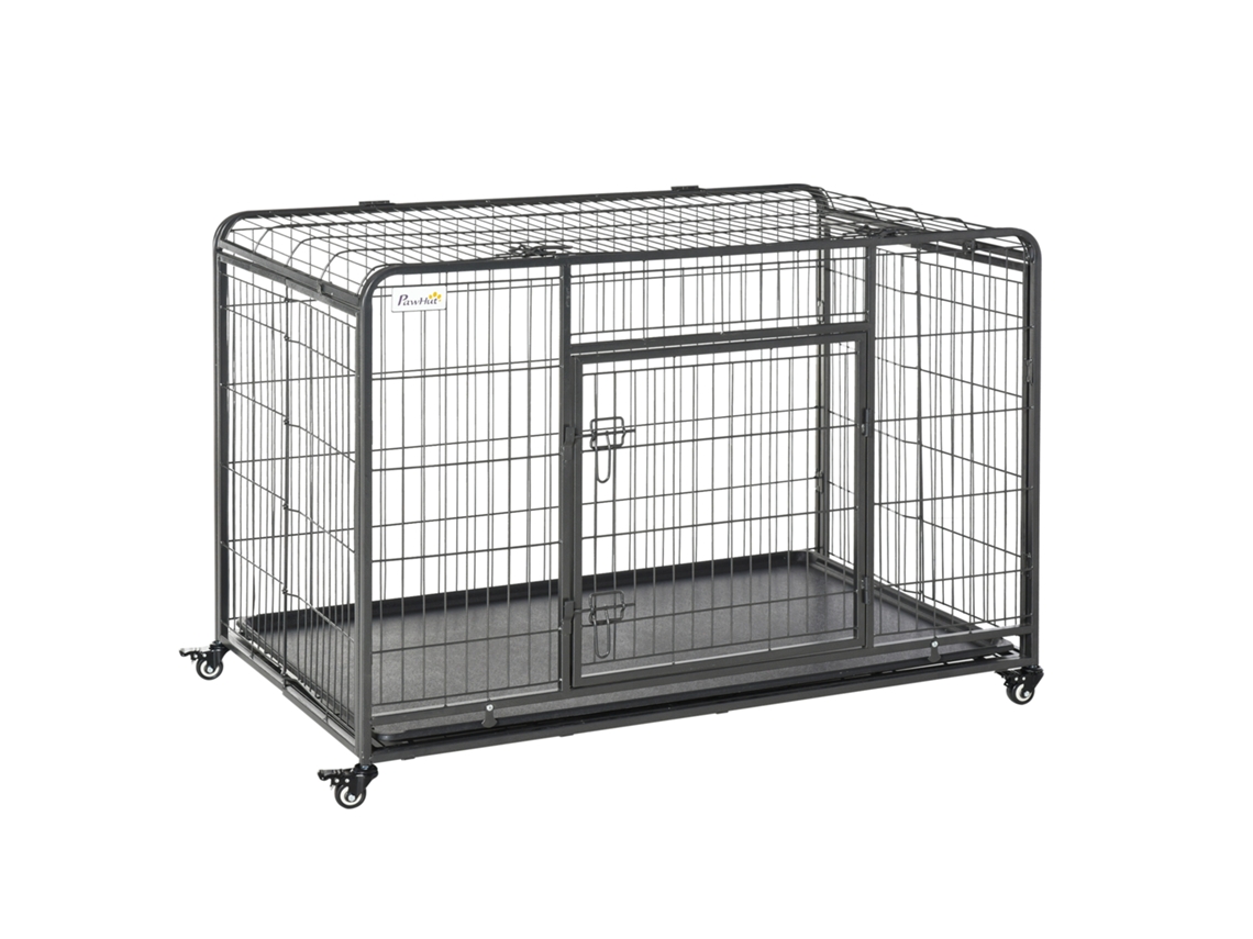 Gaiola dobrável de metal com rodas, freios, bandeja removível, porta com travas, 125x76x81cm CINZA | S/MARCA