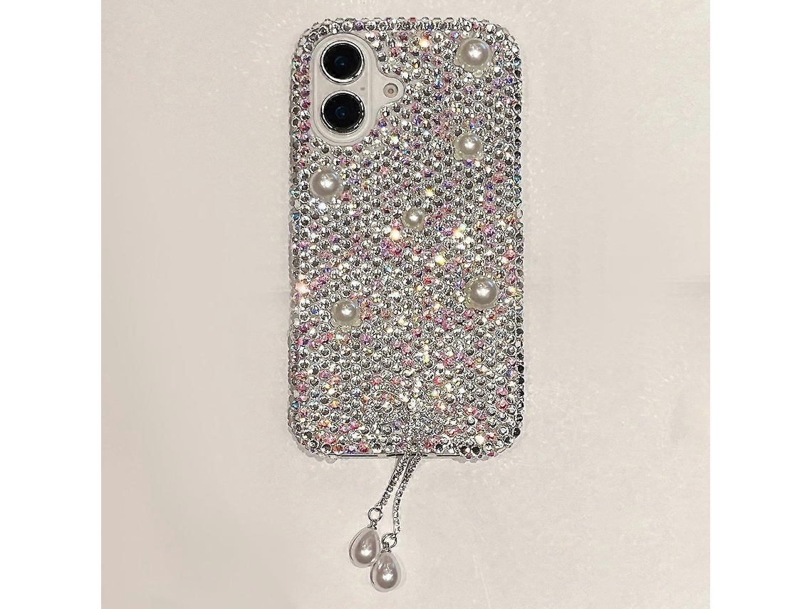 Capa Protetora Para Iphone 16 Com Decoração De Pérolas E Strass E Pingente - Branca
