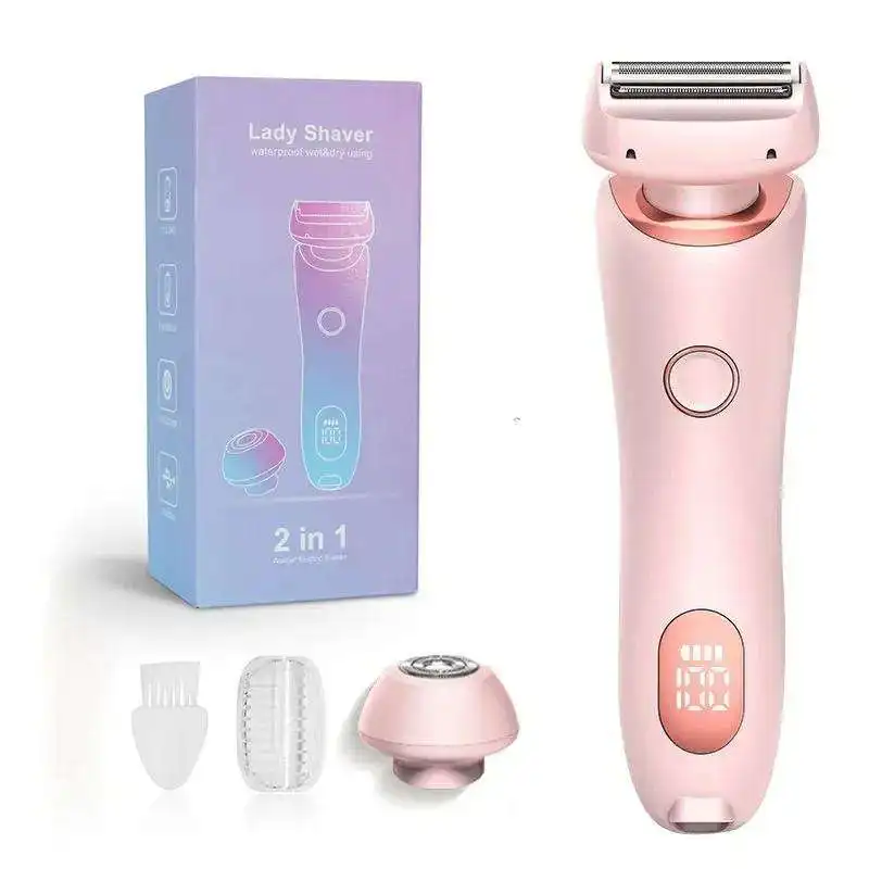 (rosa) Barbeador elétrico feminino, indolor, para uso a seco e com esfoliação.