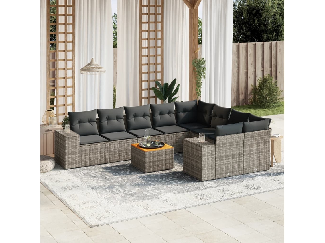 Vidaxl 10 Pcs Conjunto Sofás De Jardim C/ Almofadões Vime Pe Cinzento