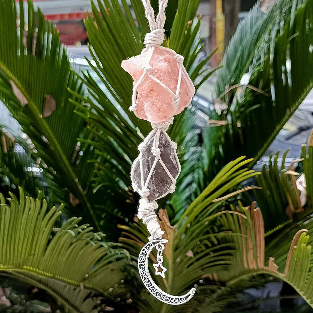 Pingente de Carro com Borla em Pedra Natural da Aura, Árvore da Vida e Chakras. Ornamento para Meditação. MDUG (estrela da Lua D)