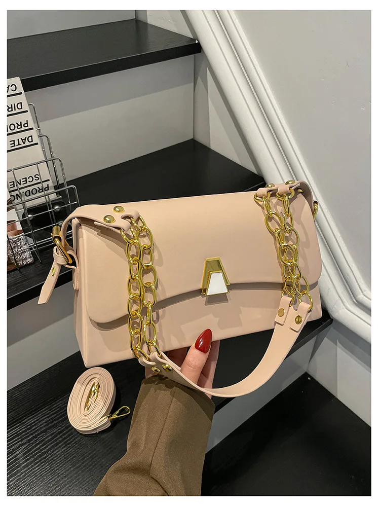 Bolsa Transversal Retrô Com Aba (cáqui), Bolsa De Ombro De Luxo Simples Com Corrente.