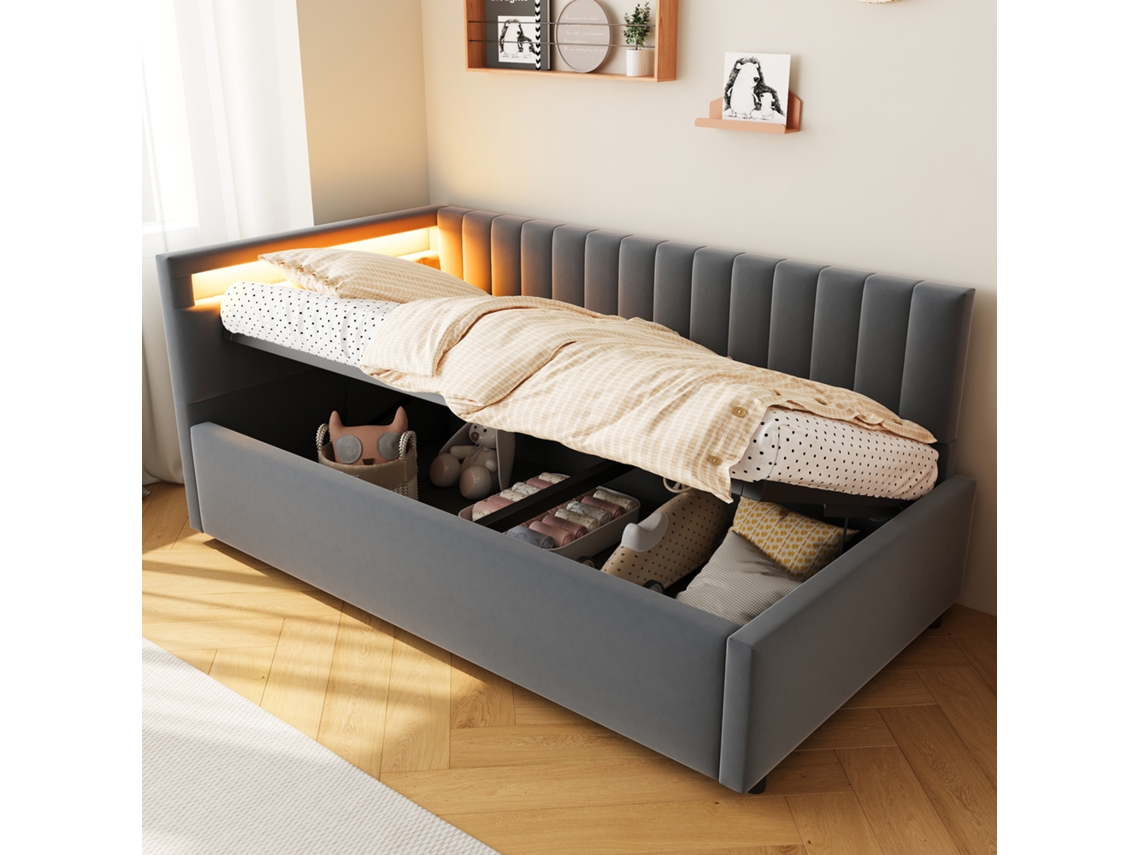 Sofá cama Veludo 90x200 Led Usb c Baú Almofadas
