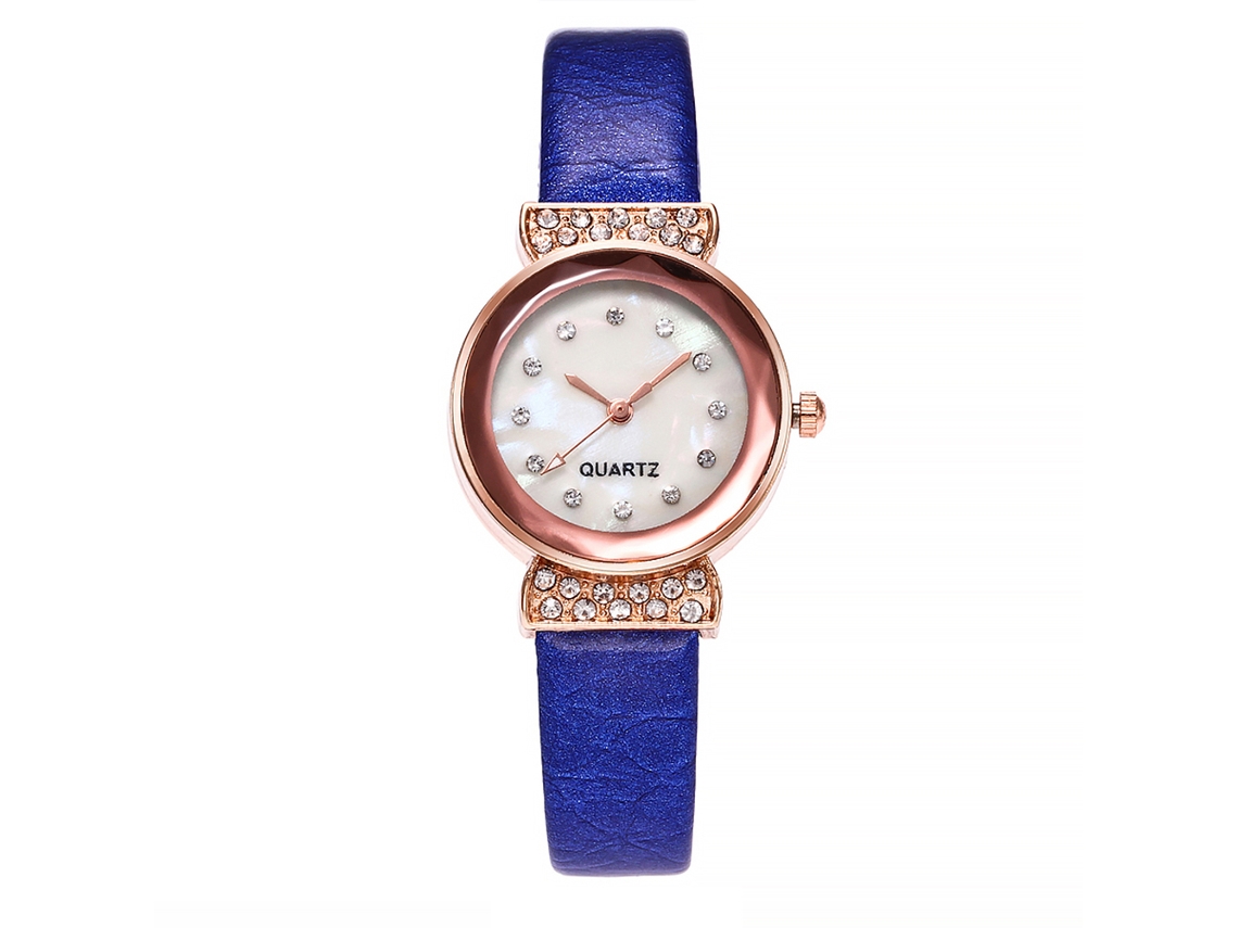Relógio de Pulso Feminino Vansvar com Pedras Rhinestones e Cinta de Couro Pu Azul