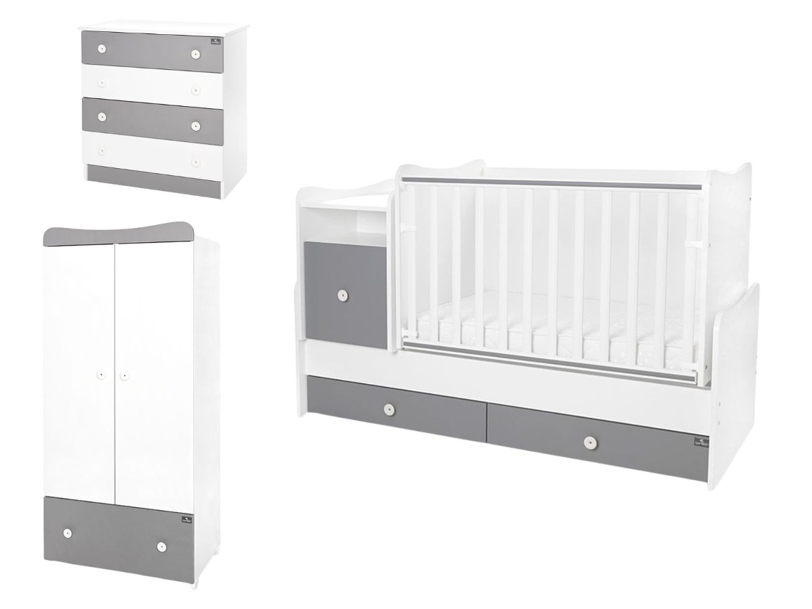 Quarto De Criança Trend Plus By Lorelli Com Berço Convertível, Cómoda E Roupeiro - White+stone Grey
