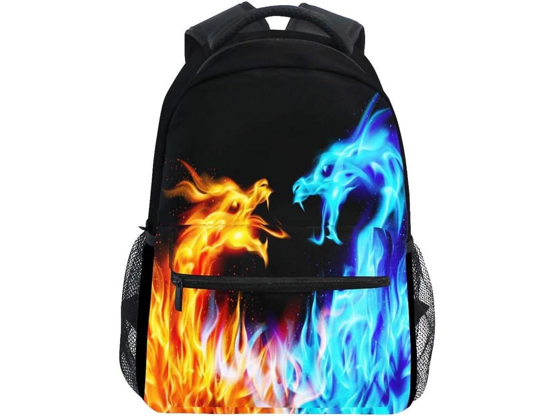 Mochila De Escola Dragão Fogo Vermelho Azul Para Adolescentes, Impermeável Para Notebook Colegial Viagem
