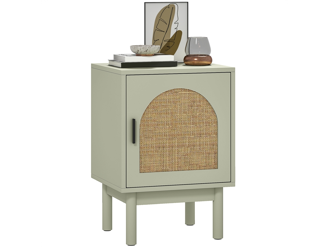 Mesa de cabeceira com porta de ratã, prateleira ajustável, pés de madeira, estilo boho, 40x35x58cm verde claro BTFORUS