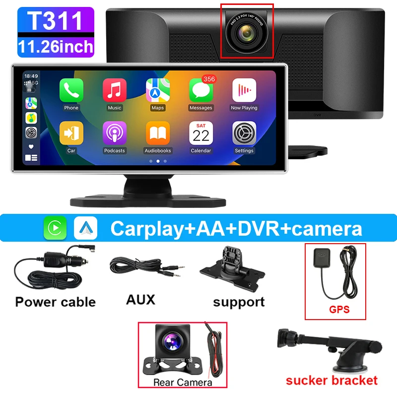 Dvr Automotivo 4k De 11,26 Polegadas (dvr + Gps Sem Cartão) Com Carplay Sem Fio E Gps De Lente Dupla.